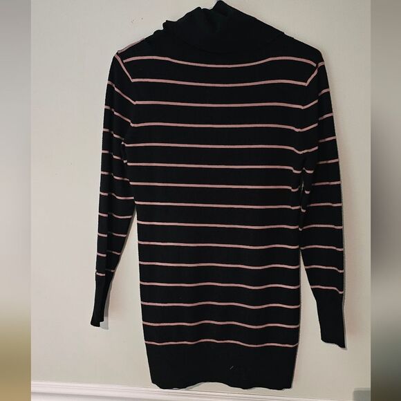 Black and Tan Cowl Neck Sweater Dress with Horizontal Stripes. Size Medium. - Picture 2 of 4